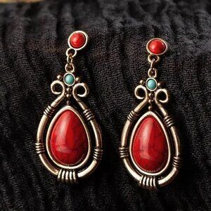 1pc.  Vintage Ethnic Red Synthetic Turquoise Earrings